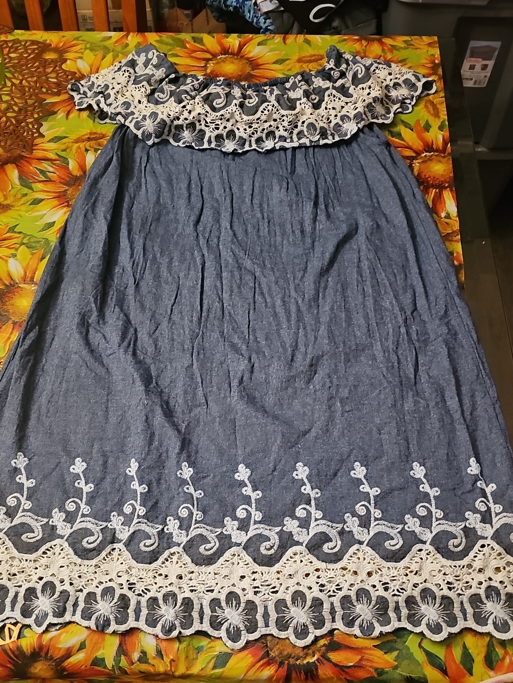 Kaktus Blue Maxi Skirt with White Crochet Lace